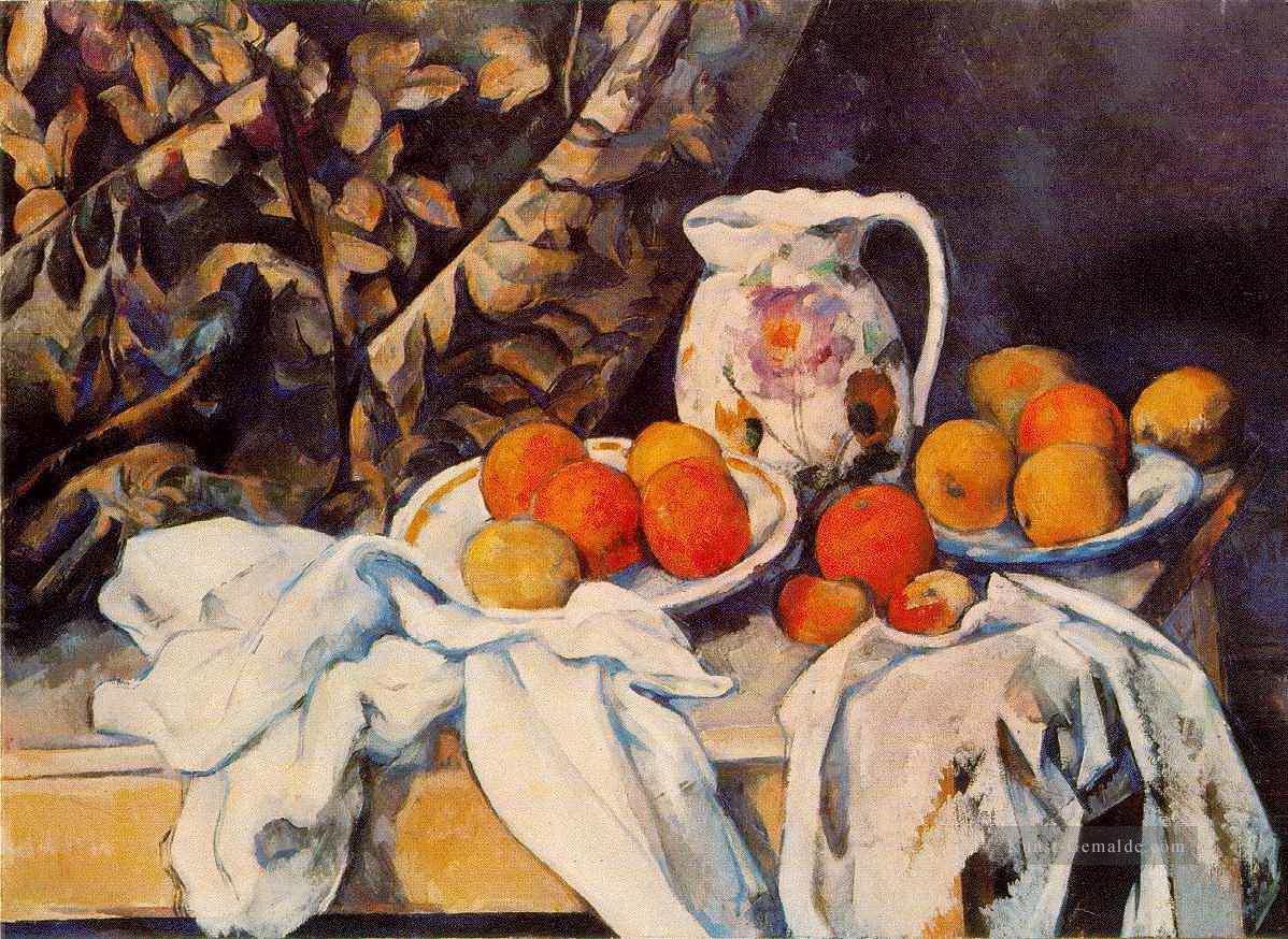 Stillleben mit Vorhang und geblühtem Krug Paul Cezanne Ölgemälde